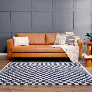 Kieu Blue White Checkered Area Rug – Modern Patterned Washable Carpet