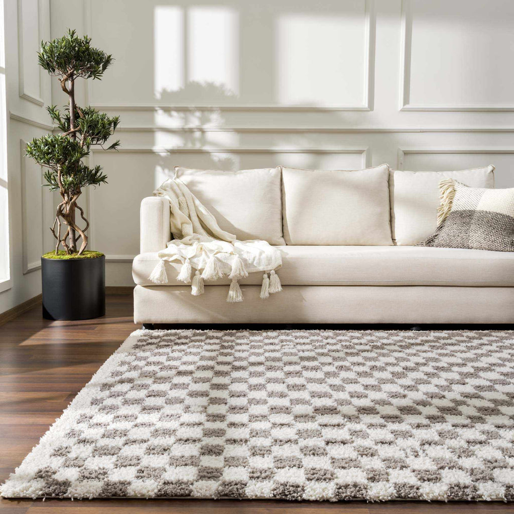 Kieu Taupe Checkered Plush Rug – Soft Modern Area Carpet for Living Room