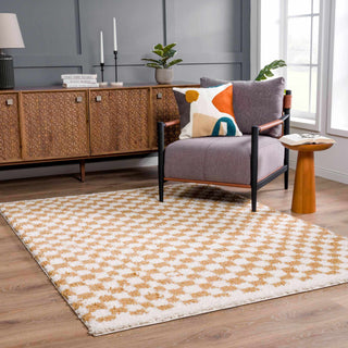 Kieu Mustard Ivory Checkered Area Rug – Modern Patterned Floor Carpet