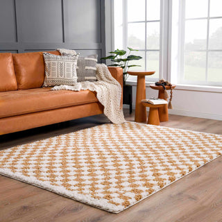Kieu Mustard Ivory Checkered Area Rug – Modern Patterned Floor Carpet