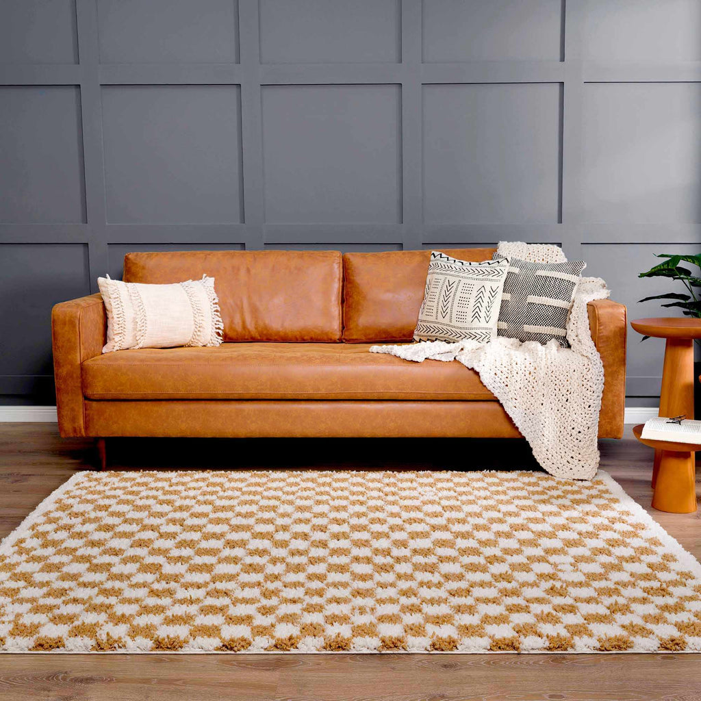 Kieu Mustard Ivory Checkered Area Rug – Modern Patterned Floor Carpet