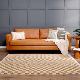 Kieu Mustard Ivory Checkered Area Rug – Modern Patterned Floor Carpet