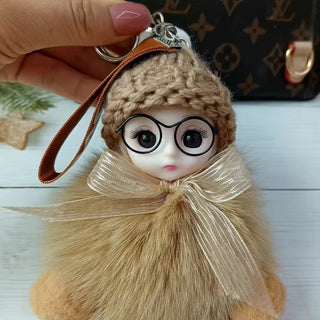 Cute Plush 3D Sleeping Baby Dolls Keychain Bag Charms with Fox Fur Pompoms