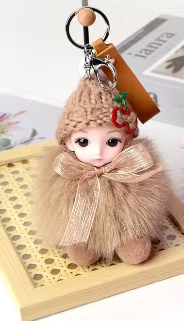 Luxury Custom Real Fox Fur Sleeping Doll Keychain – Cute Plush DIY Jewelry & Handbag Ornament