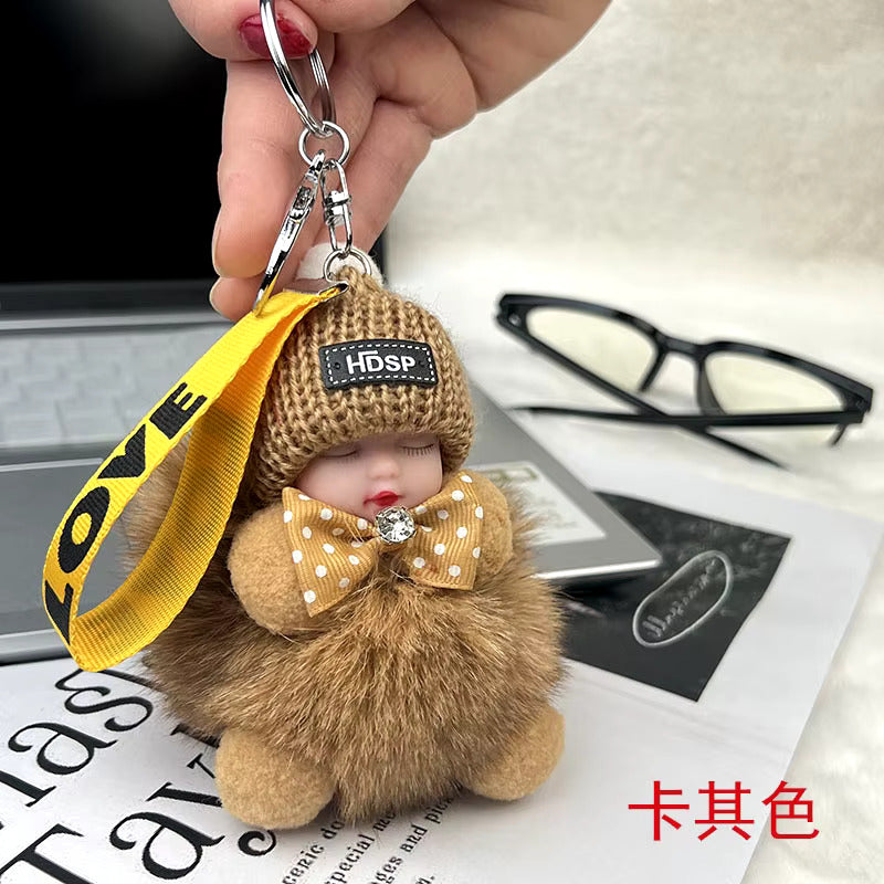 New Style Real Fox Fur Ball Pendant with Cute Sleeping Doll and Bowtie