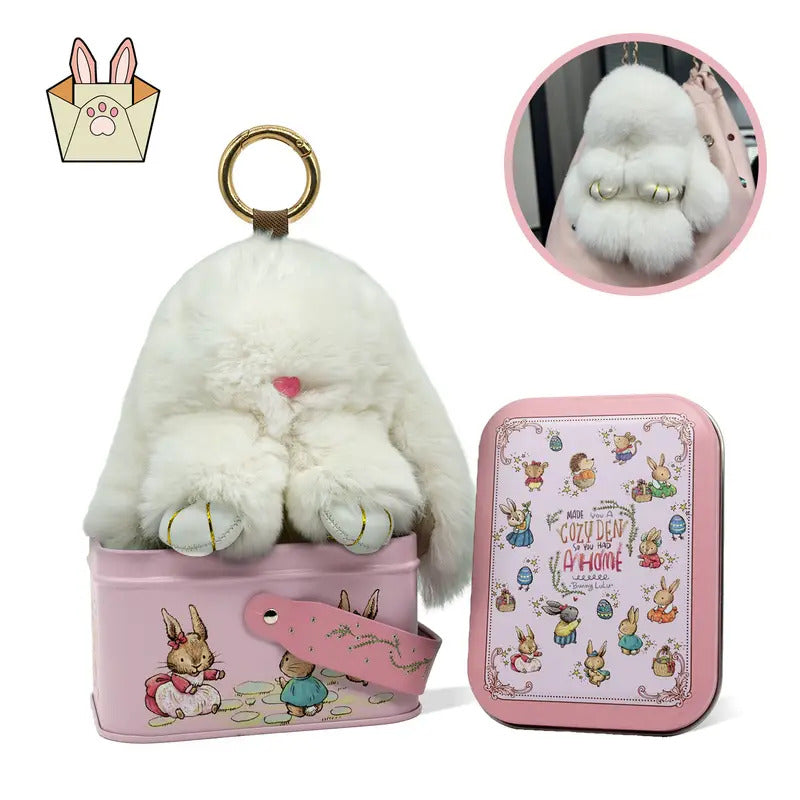 Bunny Lulu Rex Fur Key Chains with Vintage Bunny Tin Cases & Car Freshener