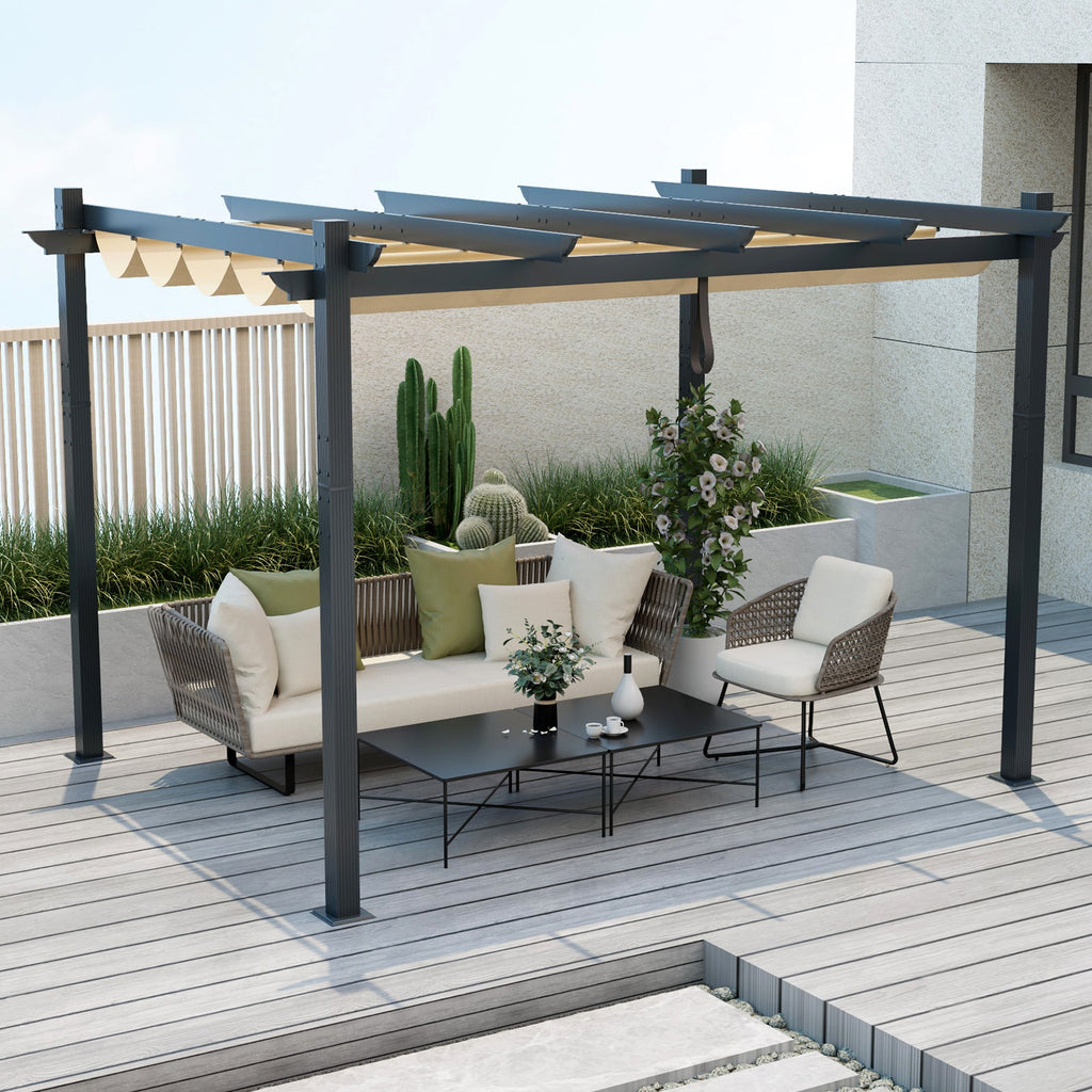 10' x 12' Aluminum Outdoor Pergola with Retractable Canopy – Beige