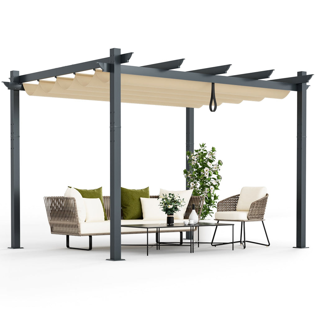 10' x 12' Aluminum Outdoor Pergola with Retractable Canopy – Beige