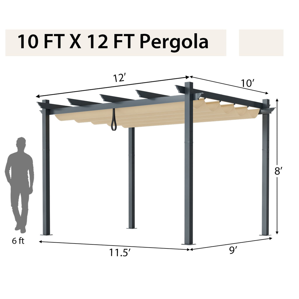 10' x 12' Aluminum Outdoor Pergola with Retractable Canopy – Beige