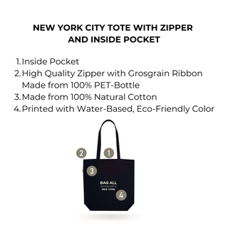 New York City Tote with Zipper and Inside Pocket – Black