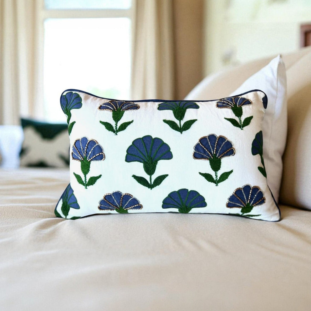 Embroidered Floral Blue Boho Accent Throw Pillow – Modern Home Decor