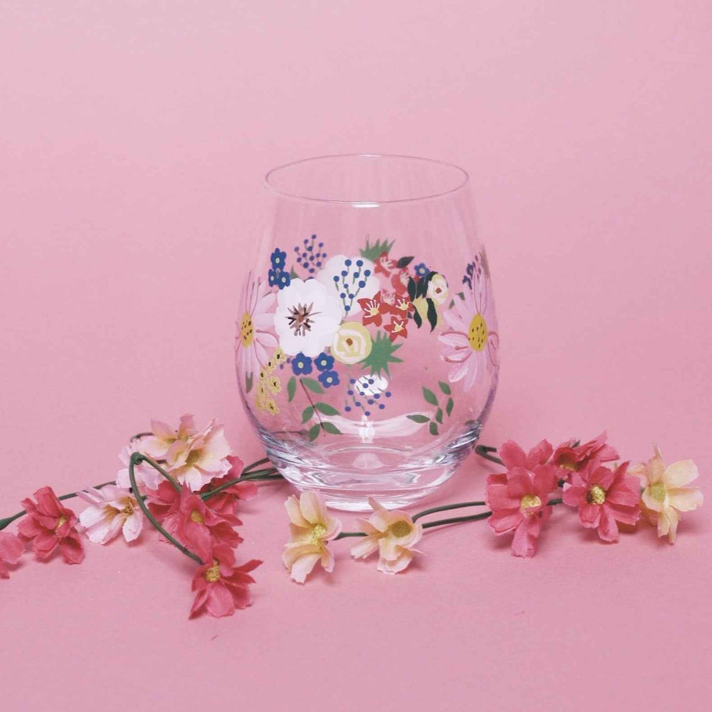 Hand-Painted Floral Stemless Wine Glasses – Set of 2