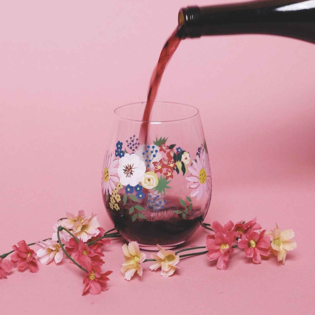 Hand-Painted Floral Stemless Wine Glasses – Set of 2