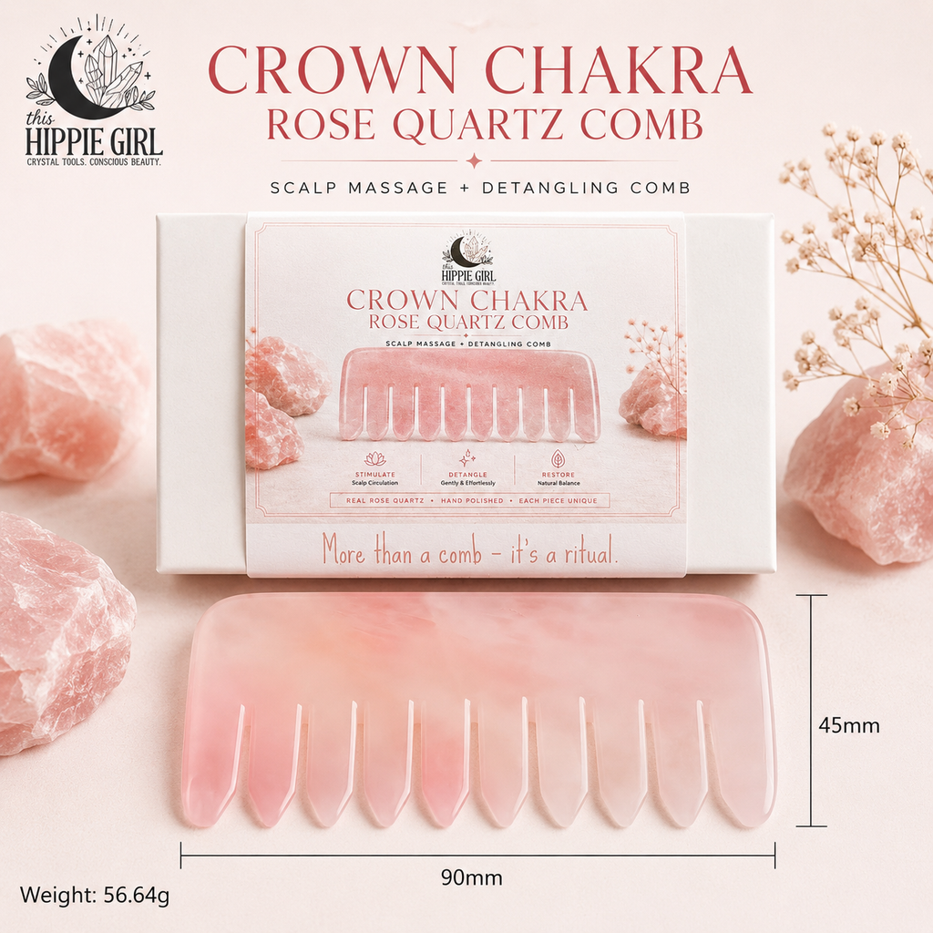 Crown Chakra Rose Quartz Comb – Crystal Scalp Massage & Wide Tooth Hair Comb