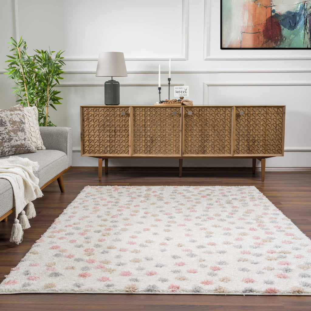 Cansu Pink Cream Dotted Area Rug – Stylish Washable Soft Carpet