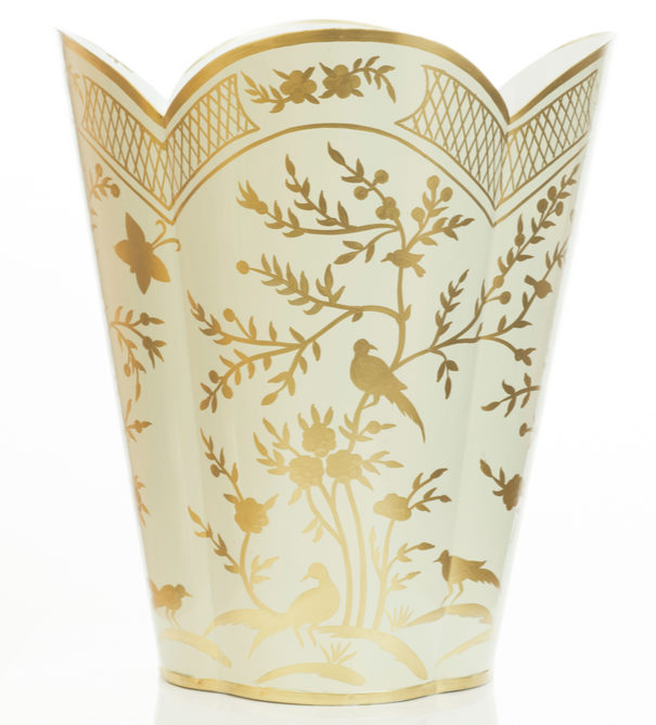 Pale Green & Gold Chinoiserie Wastepaper Basket & Tissue | Elegant Bath Décor