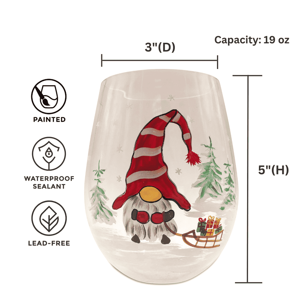 Hand-Painted Christmas Gnome Stemless Wine Glasses – Set of 2