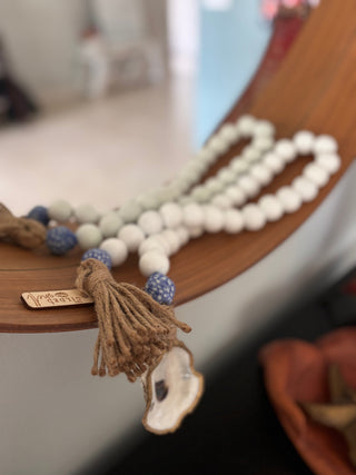 Coastal Grandmother White Bead Garland with Blue Sea Glass & 18K Gold Oyster