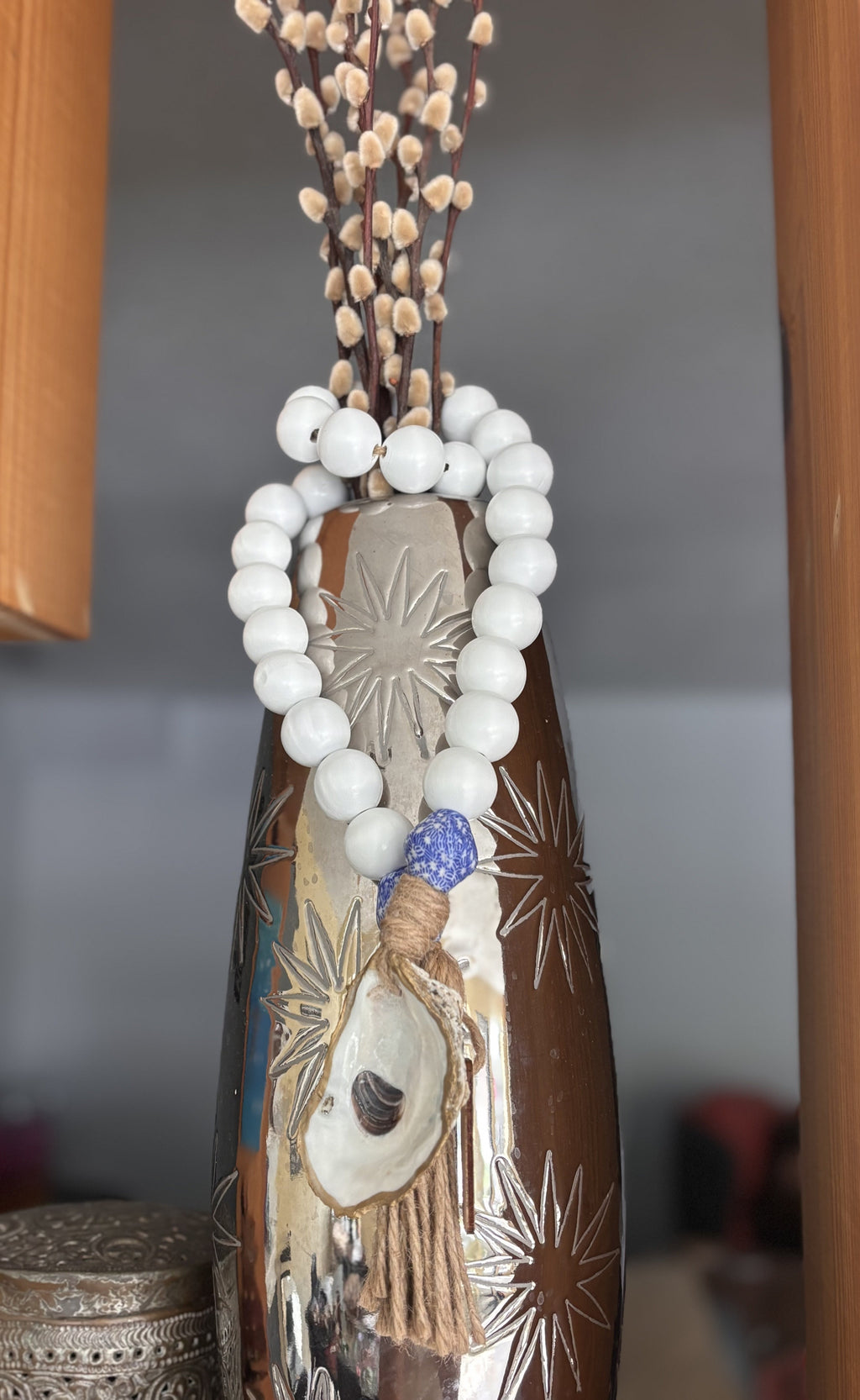 Coastal Grandmother White Bead Garland with Blue Sea Glass & 18K Gold Oyster
