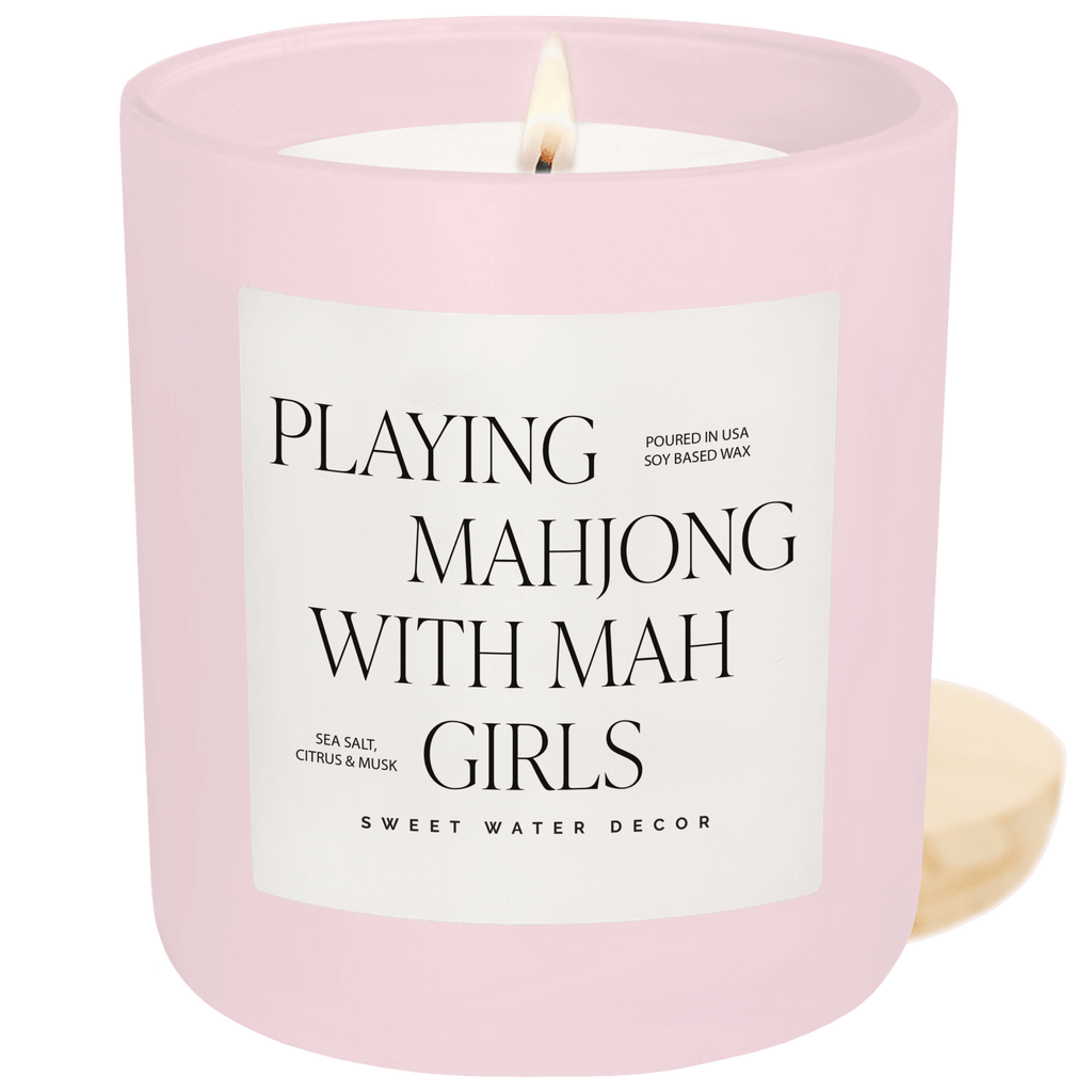 Playing Mahjong with Mah Girls Soy Candle - Pink Matte Jar - 15 oz (Salt and Sea)