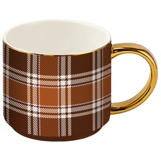 Brown Plaid 14 oz Gold Handle Coffee Mug