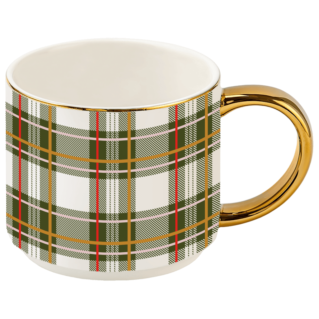 Green Plaid 14 oz Gold Handle Coffee Mug