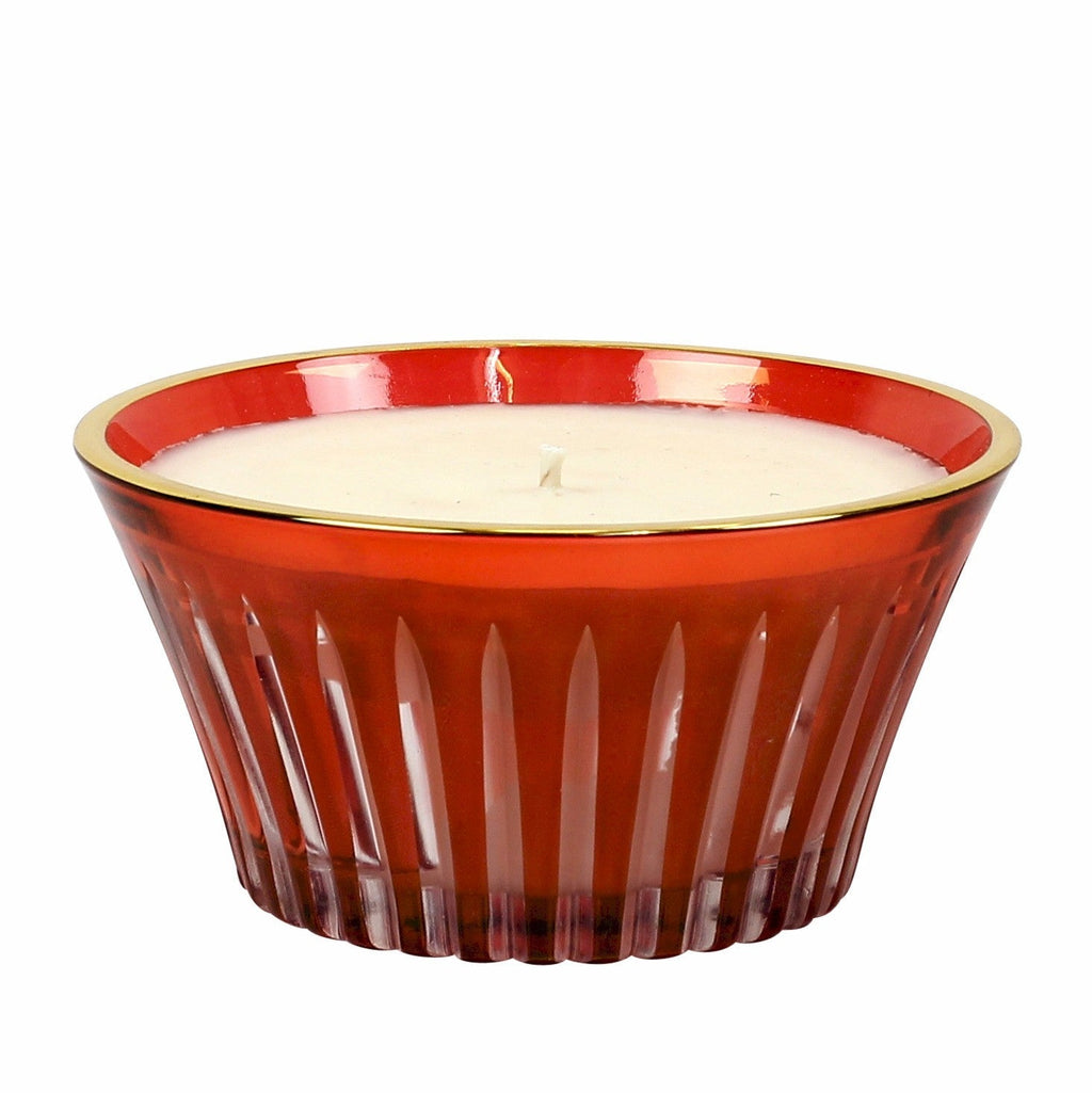 CRYSTAL CANDLES: Scented soy candle in hand engraved RED crystal cup ~ Christmas Tree scent.