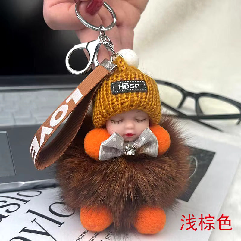 New Style Real Fox Fur Ball Pendant with Cute Sleeping Doll and Bowtie