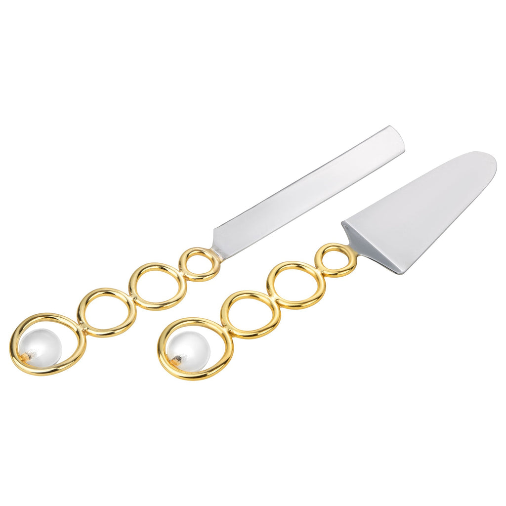 Cake/Salad Servers with Gold Loop Design and Clear Ball