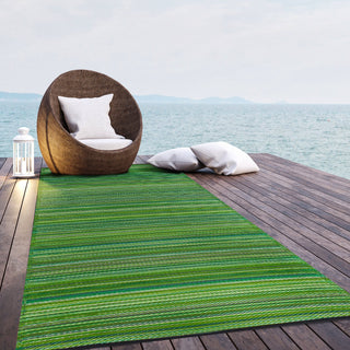 Cancun Green Striped Reversible Outdoor Patio Rug