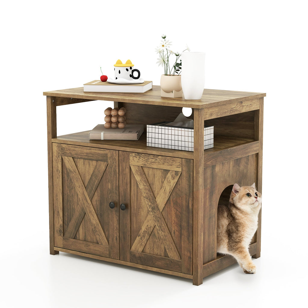 Cat Litter Box Enclosure with Double Barn Doors, Divider and Storage Shelf