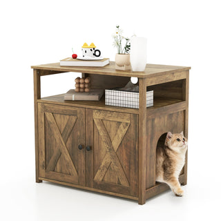 Cat Litter Box Enclosure with Double Barn Doors, Divider and Storage Shelf