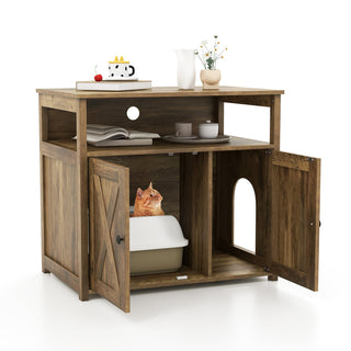 Cat Litter Box Enclosure with Double Barn Doors, Divider and Storage Shelf