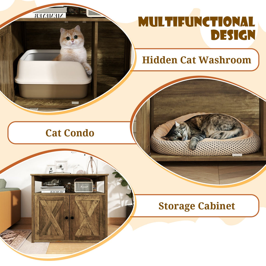 Cat Litter Box Enclosure with Double Barn Doors, Divider and Storage Shelf