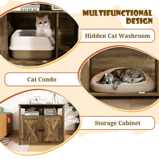 Cat Litter Box Enclosure with Double Barn Doors, Divider and Storage Shelf