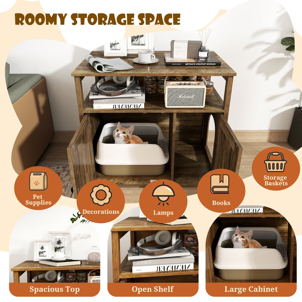 Cat Litter Box Enclosure with Double Barn Doors, Divider and Storage Shelf