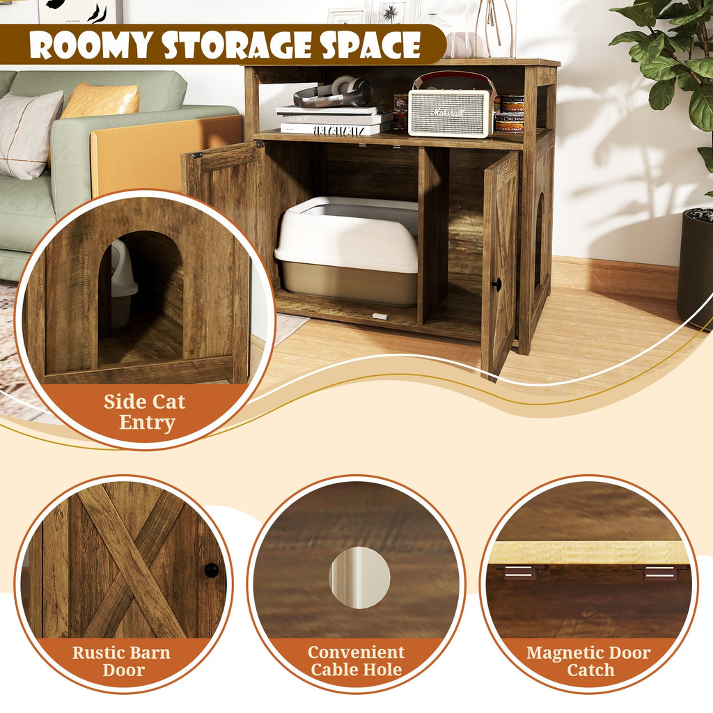 Cat Litter Box Enclosure with Double Barn Doors, Divider and Storage Shelf