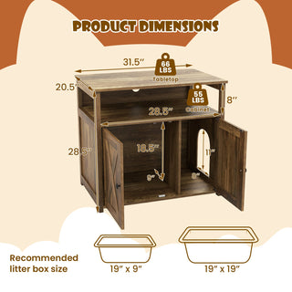 Cat Litter Box Enclosure with Double Barn Doors, Divider and Storage Shelf