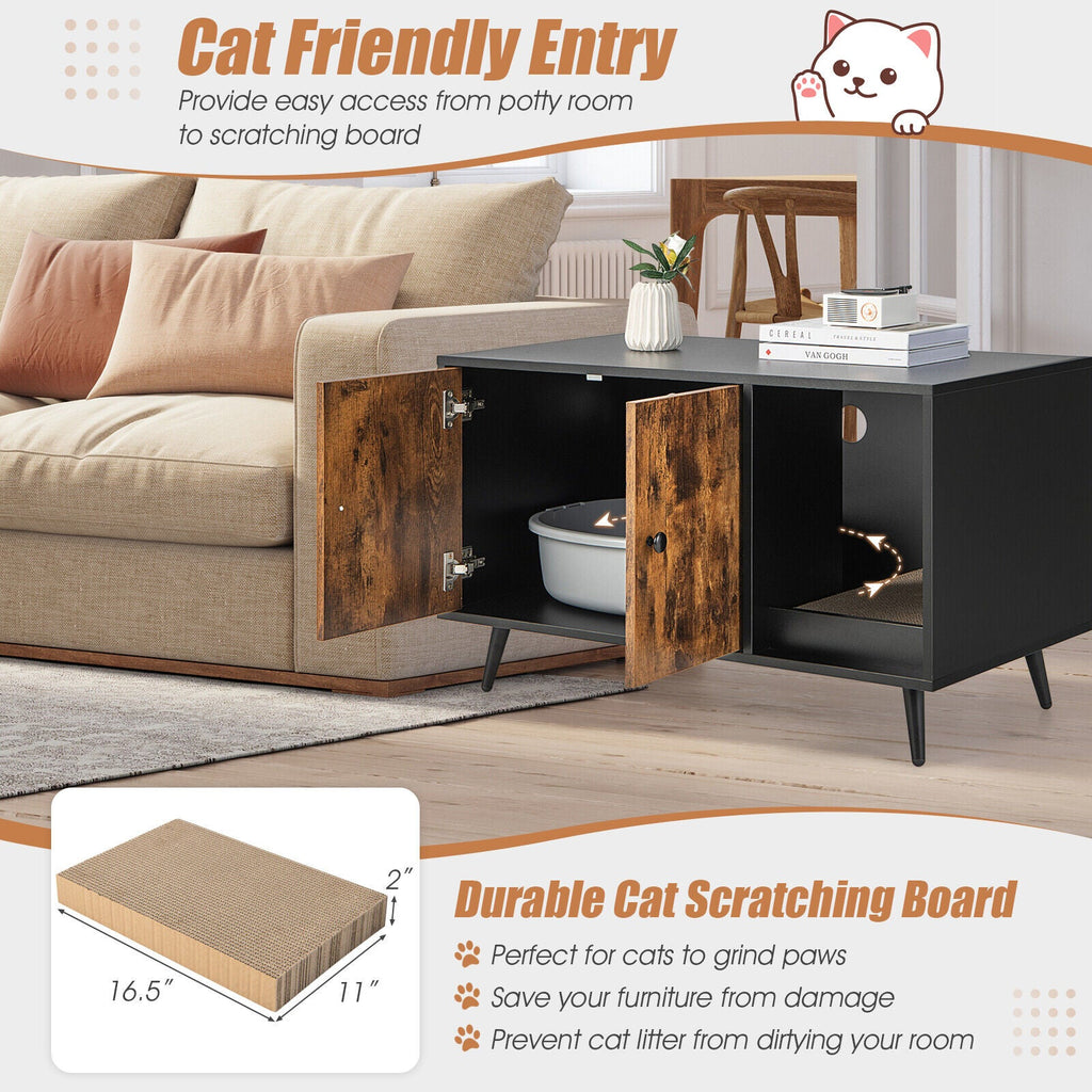 Hidden Cat Litter Box Enclosure with Double Doors and Scratcher