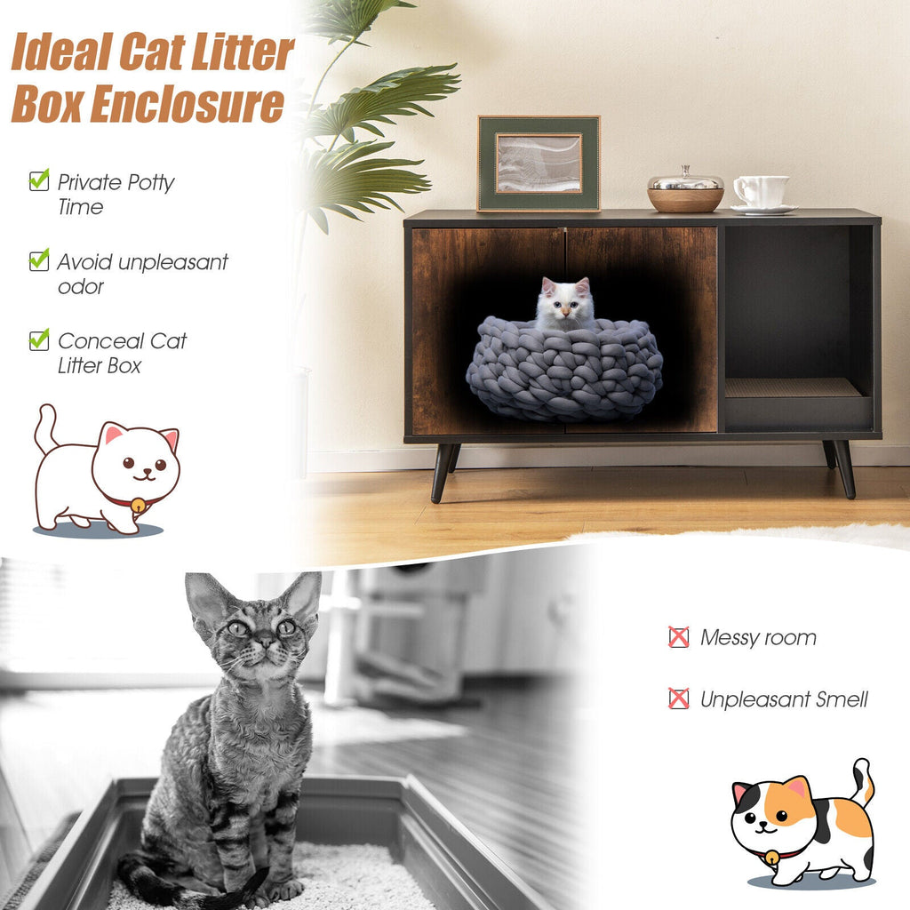 Hidden Cat Litter Box Enclosure with Double Doors and Scratcher