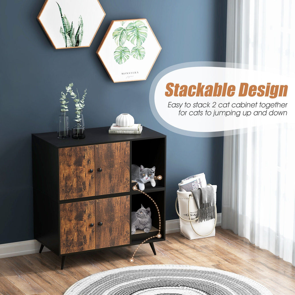 Hidden Cat Litter Box Enclosure with Double Doors and Scratcher
