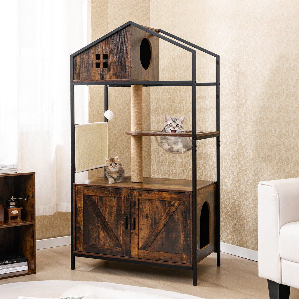 Industrial Cat Tree with Hidden Litter Box Enclosure and Condos – Rustic Brown