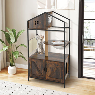 Industrial Cat Tree with Hidden Litter Box Enclosure and Condos – Rustic Brown
