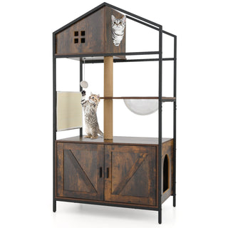 Industrial Cat Tree with Hidden Litter Box Enclosure and Condos – Rustic Brown