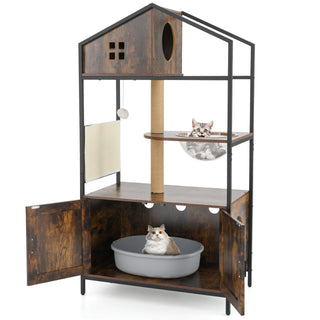 Industrial Cat Tree with Hidden Litter Box Enclosure and Condos – Rustic Brown