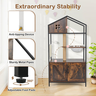 Industrial Cat Tree with Hidden Litter Box Enclosure and Condos – Rustic Brown