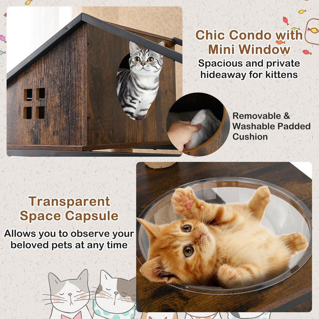 Industrial Cat Tree with Hidden Litter Box Enclosure and Condos – Rustic Brown