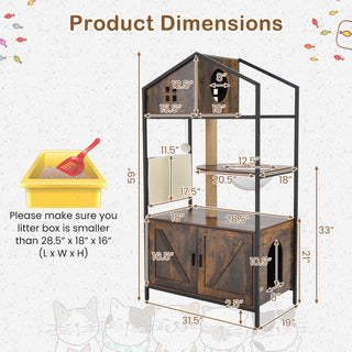 Industrial Cat Tree with Hidden Litter Box Enclosure and Condos – Rustic Brown