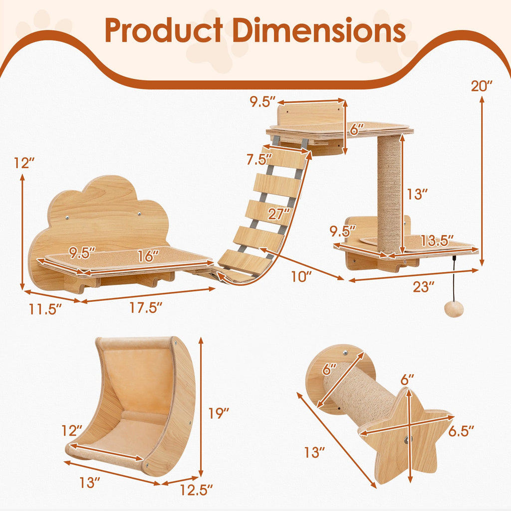 6-Piece Wall-Mounted Cat Furniture Set with Hammock, Bridge and Scratcher – Natural