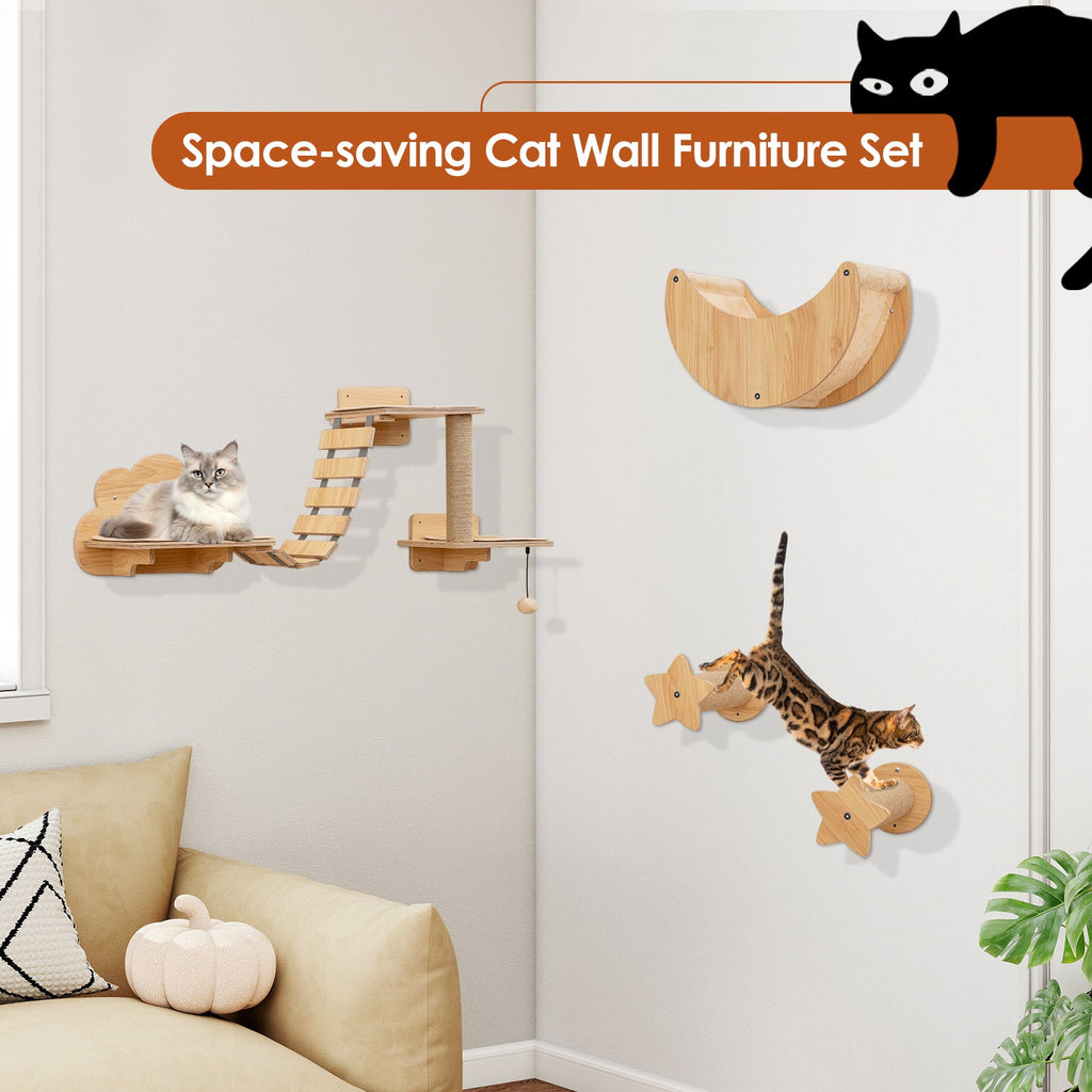 6-Piece Wall-Mounted Cat Furniture Set with Hammock, Bridge and Scratcher – Natural